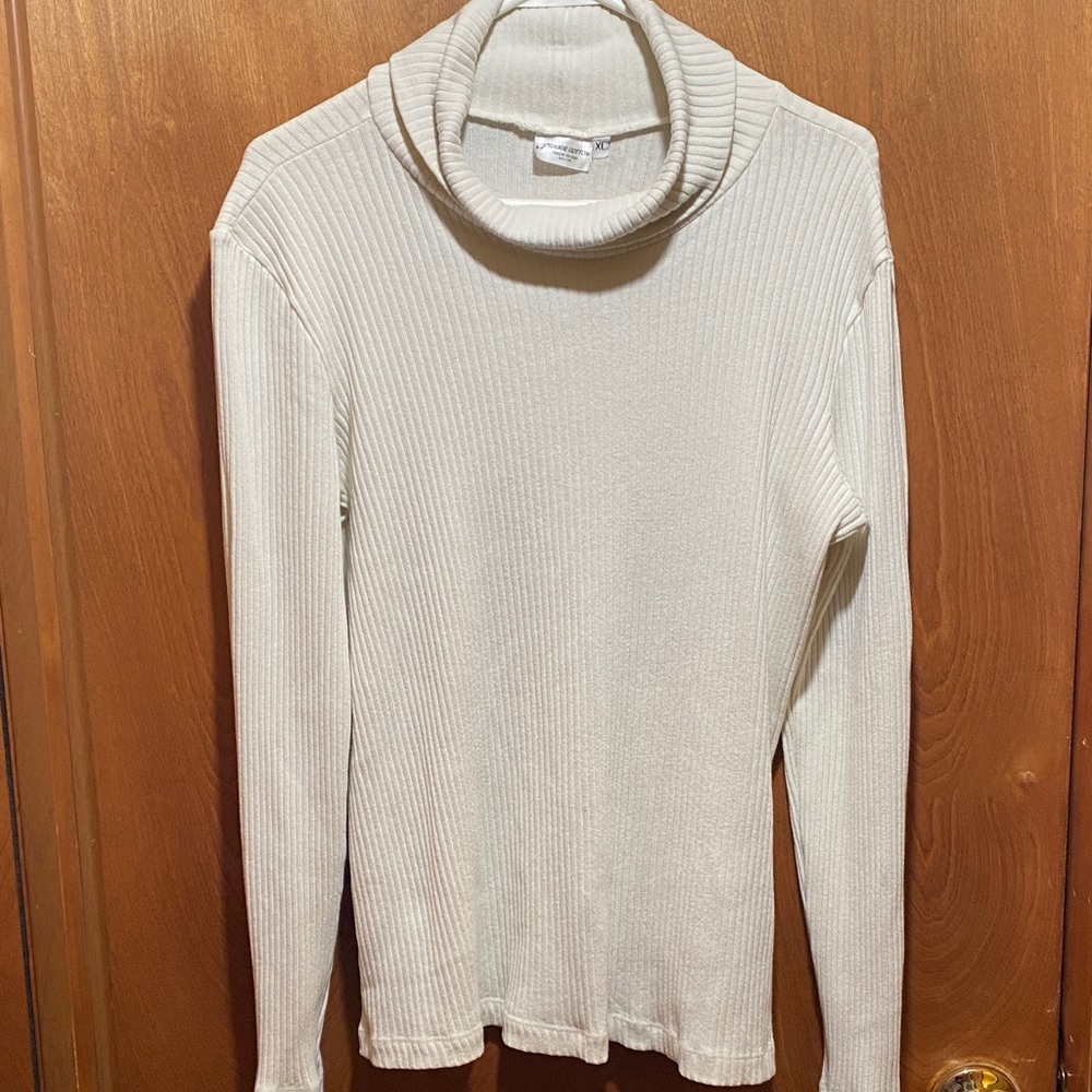 Vintage Prairie Cotton Ribbed Turtle/Cowl Neck White XL Sweater Spring Fall